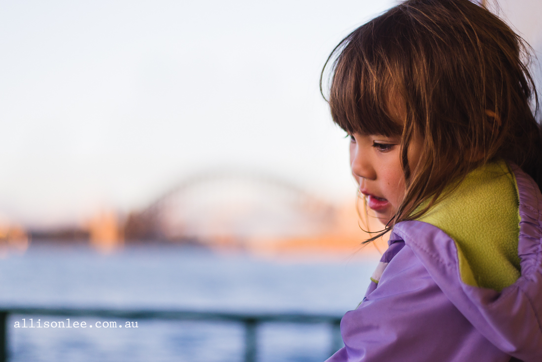 Four year old on ferry with Harbour Bridge