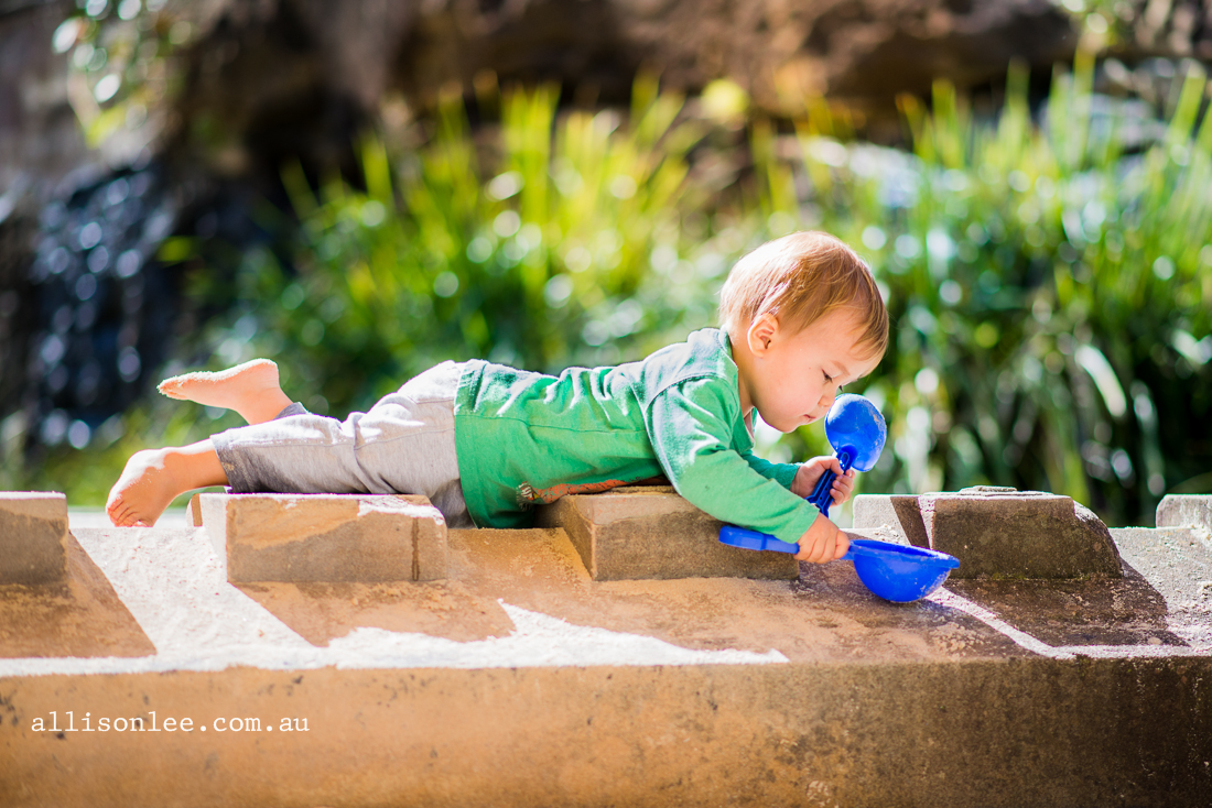 Two year old boy playing in the sunshine in Pyrmont