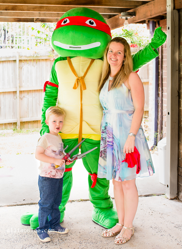 Mum and son and ninja turtle at birthday party