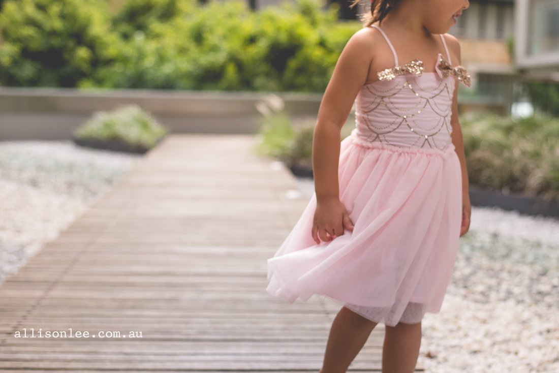 Five year old in pink ballet dress playing in rock garden in Pyrmont