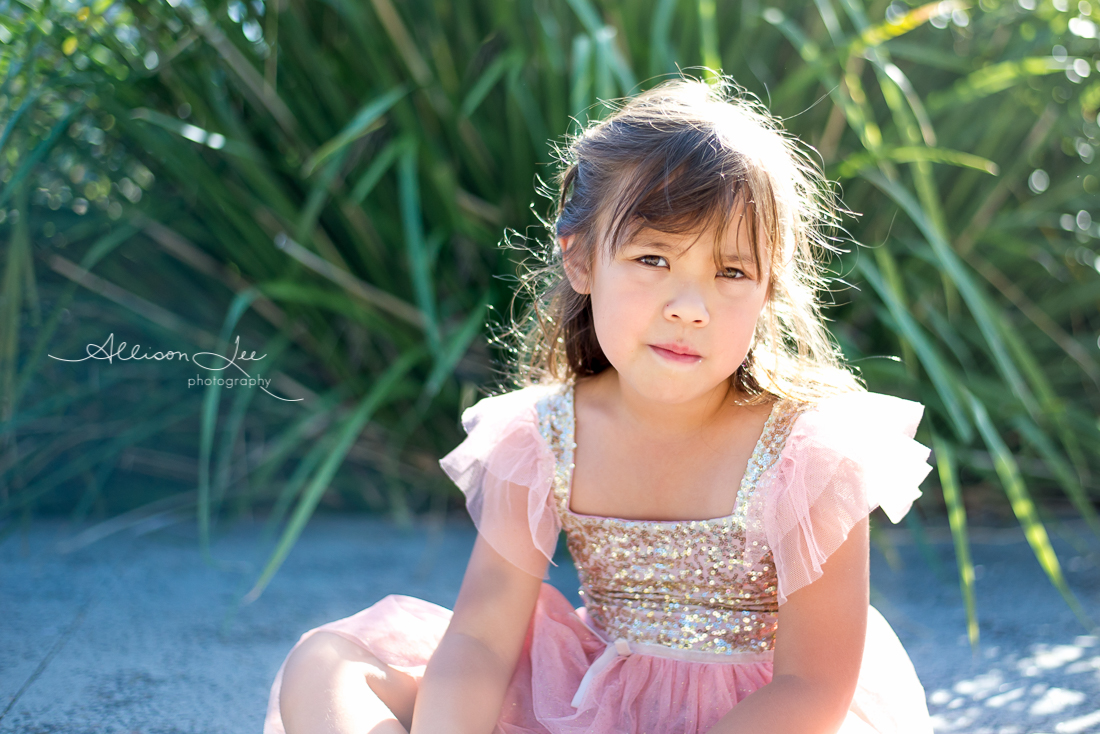 Six year old girl portrait in gold sun in pink dress